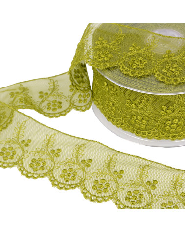 Tulle embroidered flowers 52mm khaki per meter