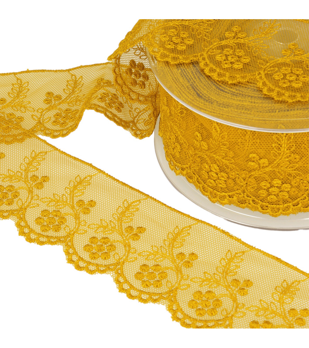 Tulle embroidered flowers 52mm mustard yellow per meter