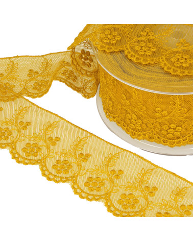 Tulle embroidered flowers 52mm mustard yellow per meter