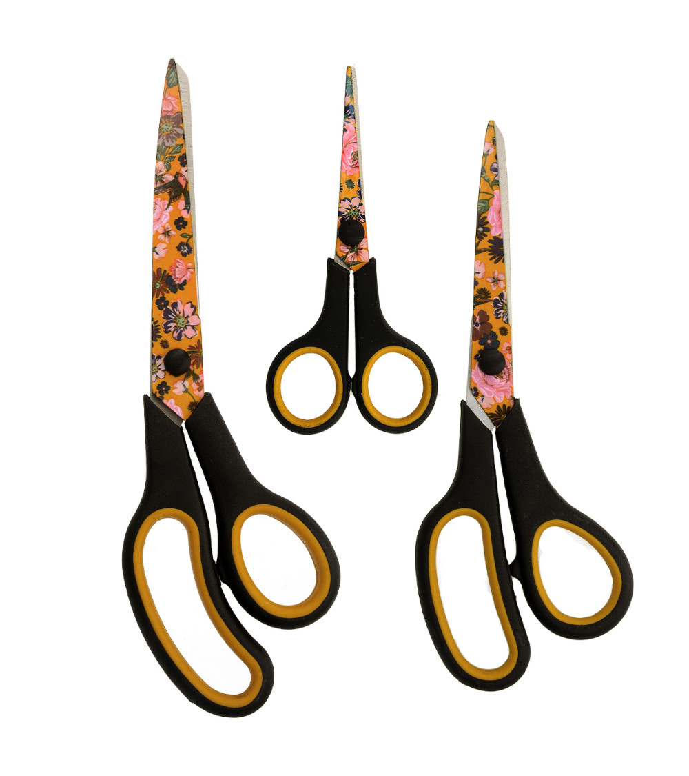 Set of 3 professional scissors pink flowers orange background