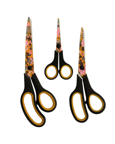 Set of 3 professional scissors with pink flowers and orange background