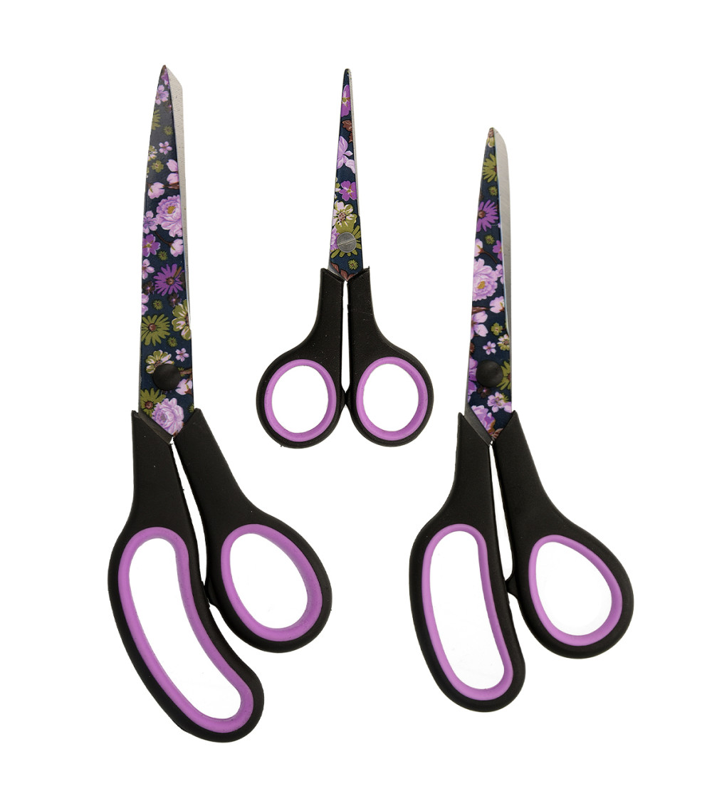 Lot de 3 Ciseaux professionnels fleurs violettes fond noir