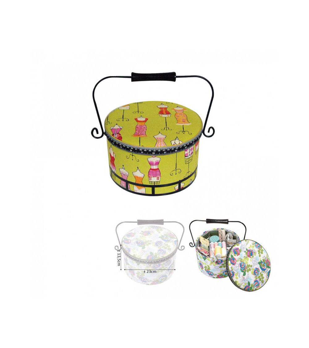 Round sewing box 22x13.5cm mannequins green background