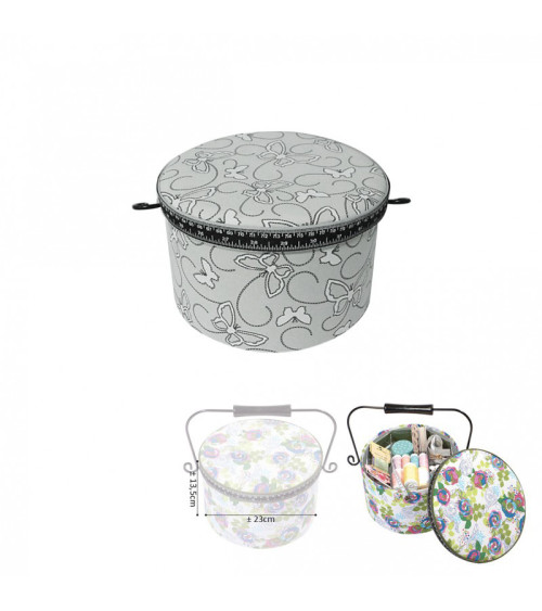 Round sewing box 22x13.5cm gray butterfly print