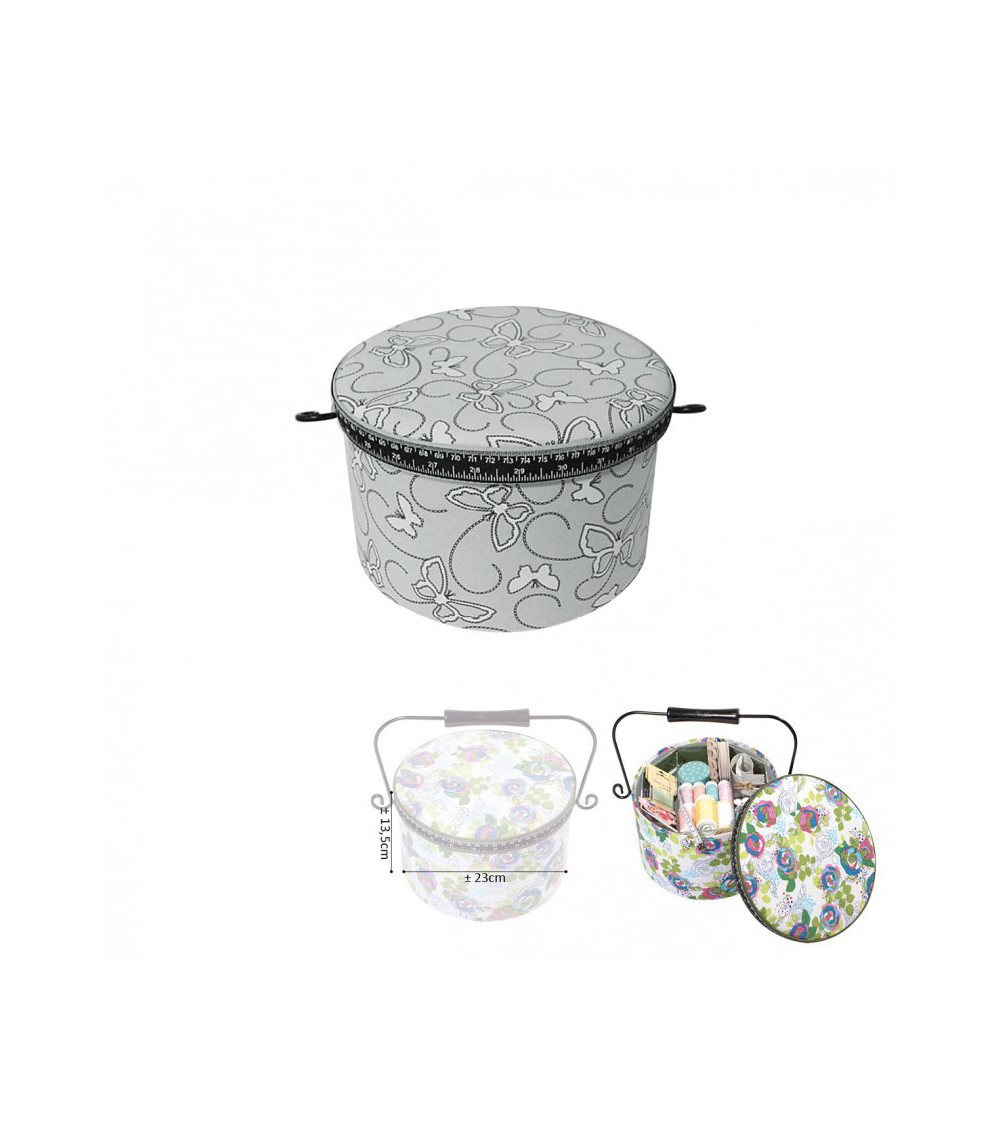 Scatola da cucito rotonda 22x13,5 cm stampa farfalla grigia