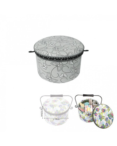 Scatola da cucito rotonda 22x13,5 cm stampa farfalla grigia