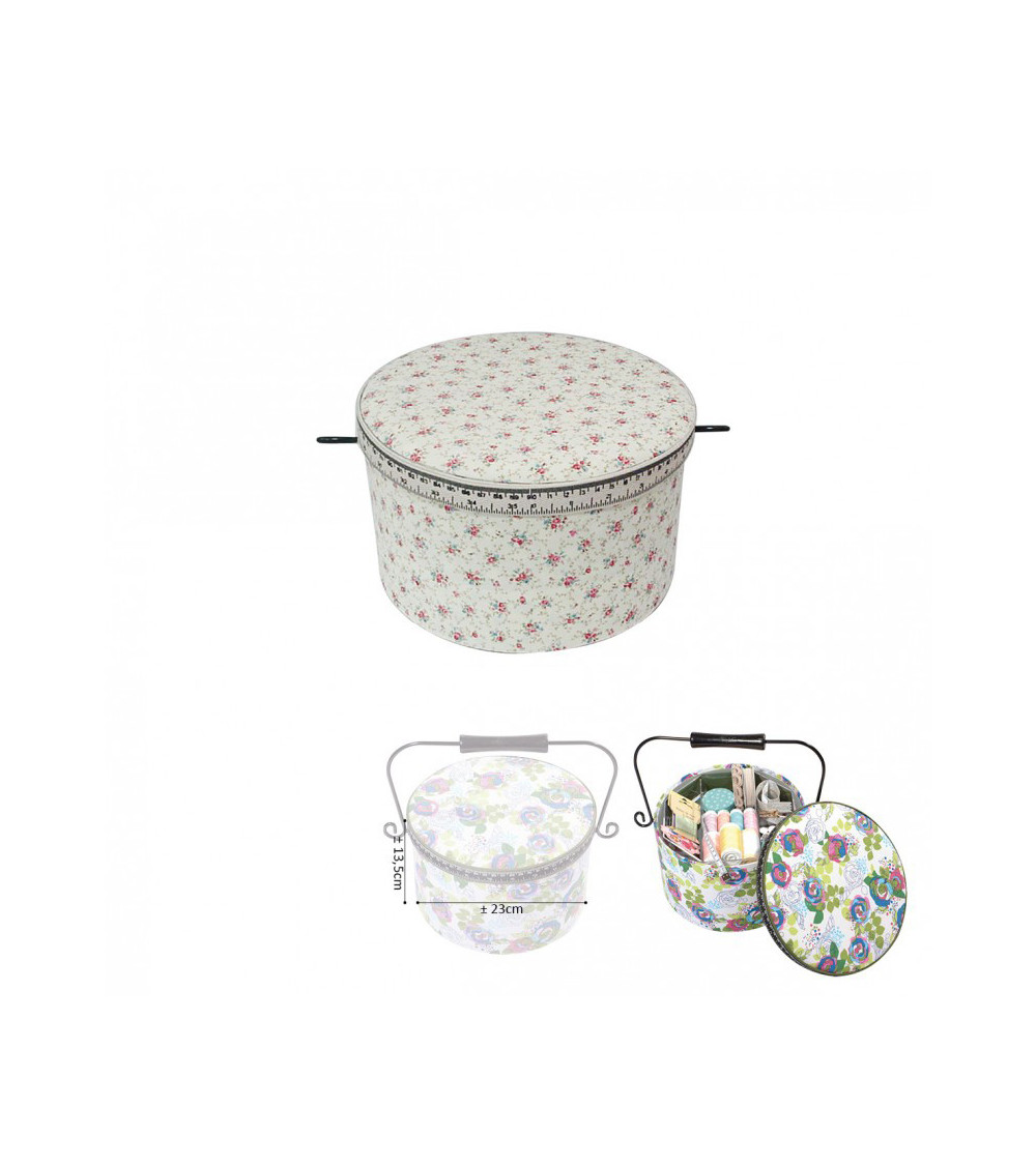 Scatola da cucito rotonda 22x13,5 cm liberty rosa e bianca