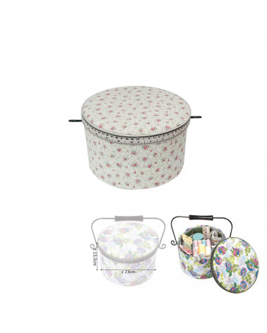 Scatola da cucito rotonda 22x13,5 cm liberty rosa e bianca