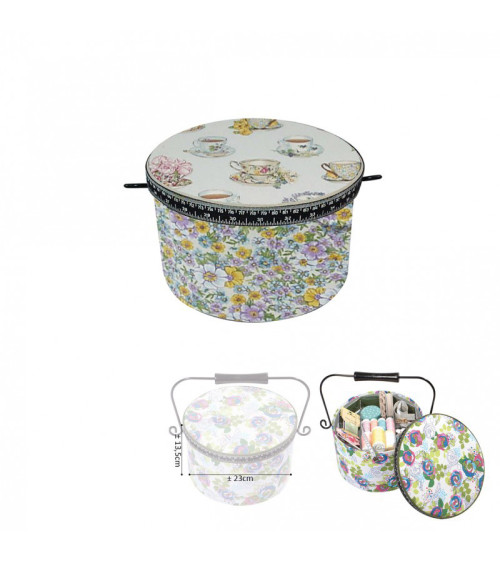 Round sewing box 22x13.5cm cups of tea and liberty