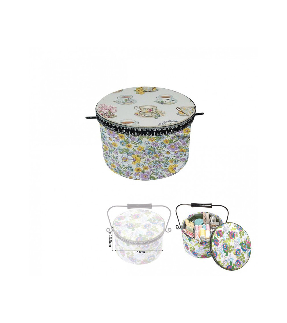 Boîte à couture ronde 22x13,5cm tasses de thé et liberty 