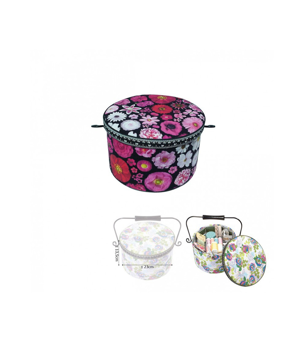 Scatola da cucito rotonda 22x13,5 cm fiori 3D rosa