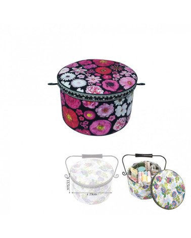 Round sewing box 22x13.5cm pink 3D flowers