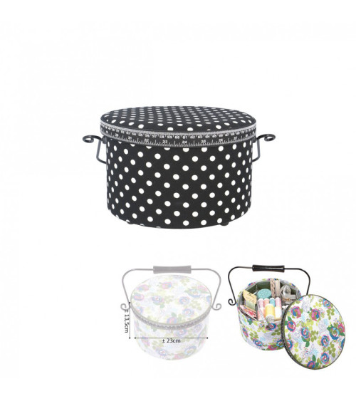 Round sewing box 22x13.5cm black dots