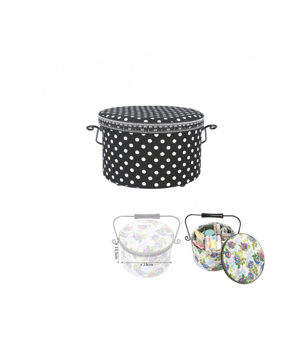 Round sewing box 22x13.5cm black dots