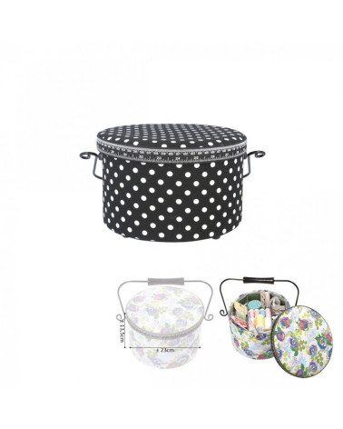 Round sewing box 22x13.5cm black dots