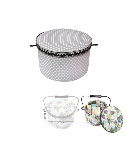 Round sewing box 22x13.5cm light gray white dots