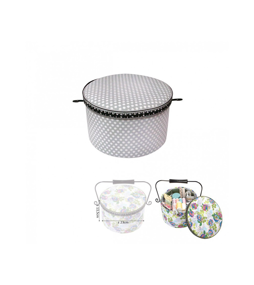 Round sewing box 22x13.5cm light gray white dots