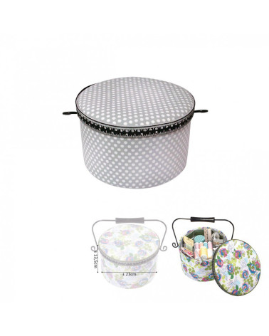 Round sewing box 22x13.5cm light gray white dots