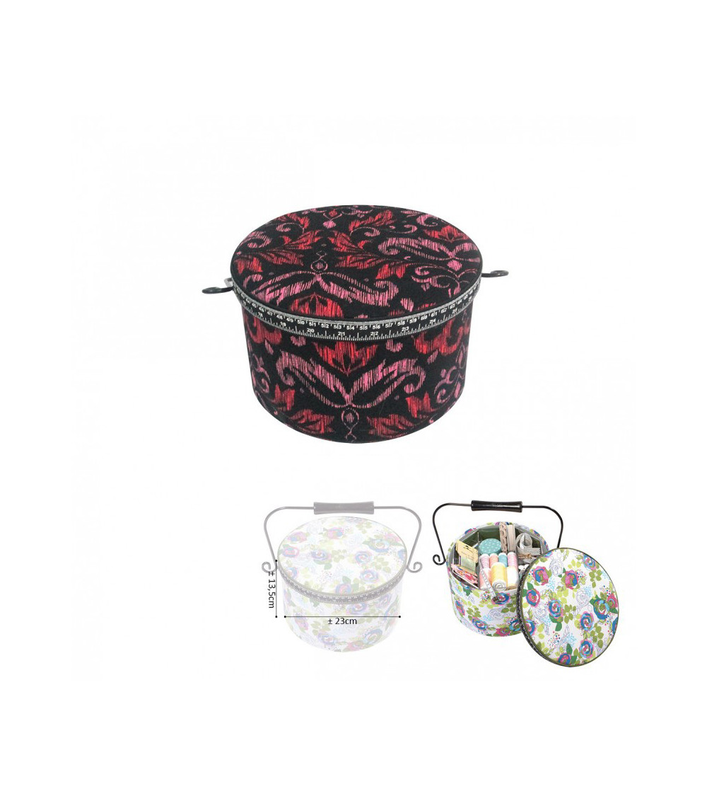 Scatola da cucito rotonda 22x13,5 cm arabeschi rossi e rosa su fondo nero