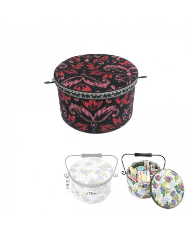 Scatola da cucito rotonda 22x13,5 cm arabeschi rossi e rosa su fondo nero
