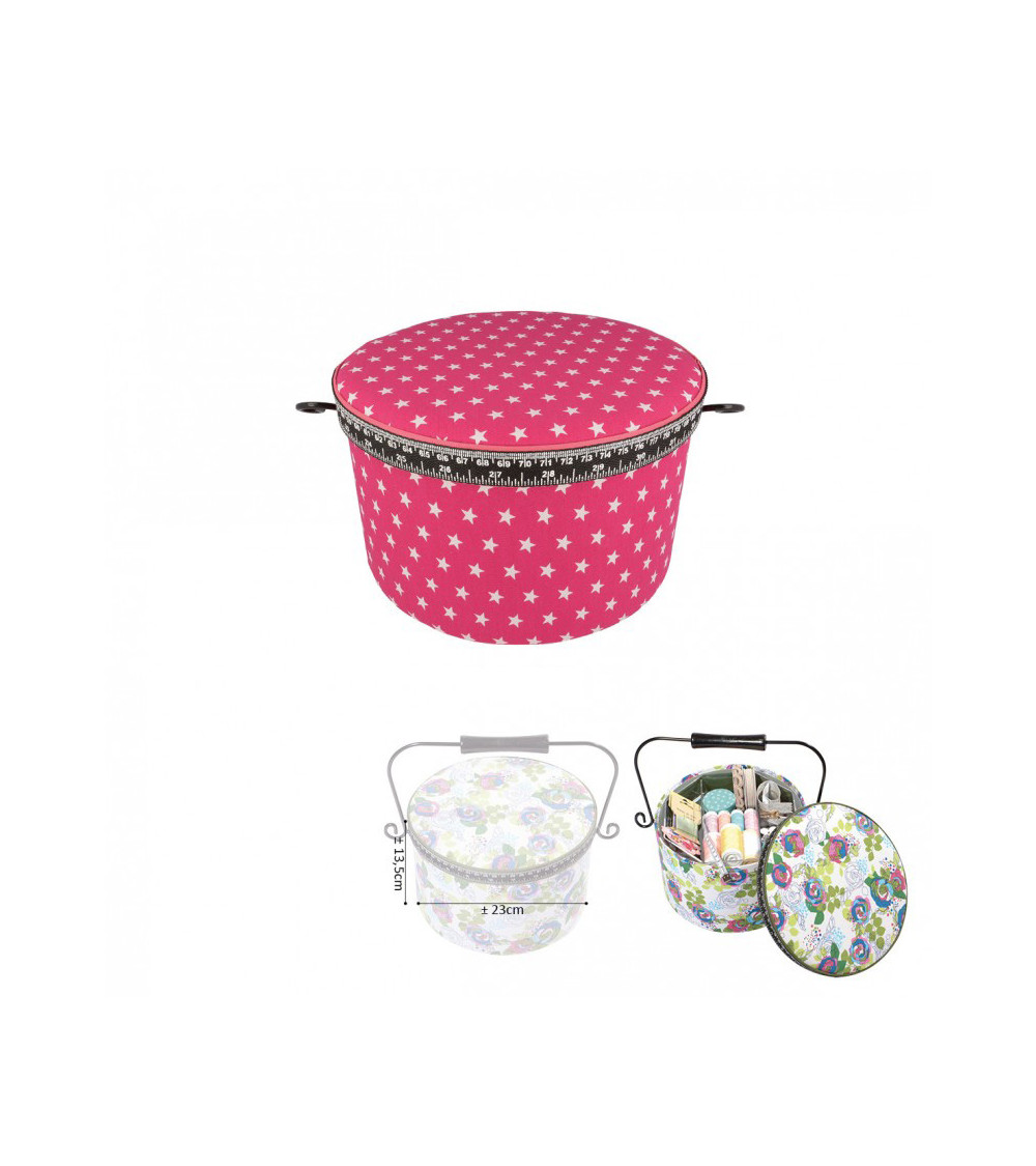 Round sewing box 22x13.5cm stars Fuchsia