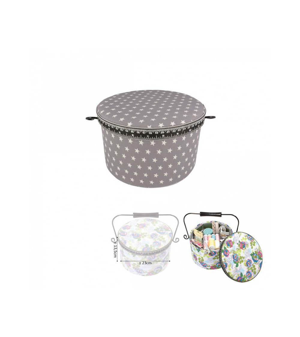 Scatola da cucito rotonda 22x13,5 cm stelle grigie
