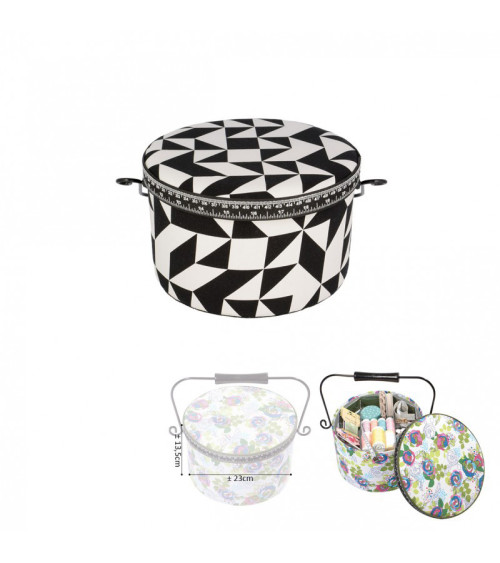Round sewing box 22x13.5cm printed black and white geometric shapes