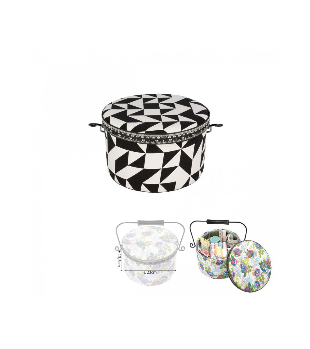 Scatola da cucito rotonda 22x13,5 cm stampata forme geometriche in bianco e nero