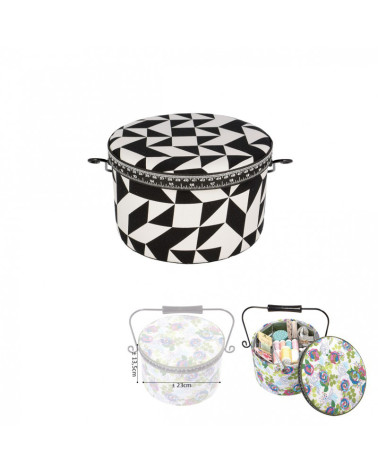 Round sewing box 22x13.5cm printed black and white geometric shapes