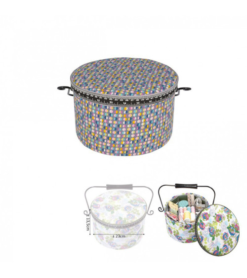 Round sewing box 22x13.5cm multicolored dots gray background