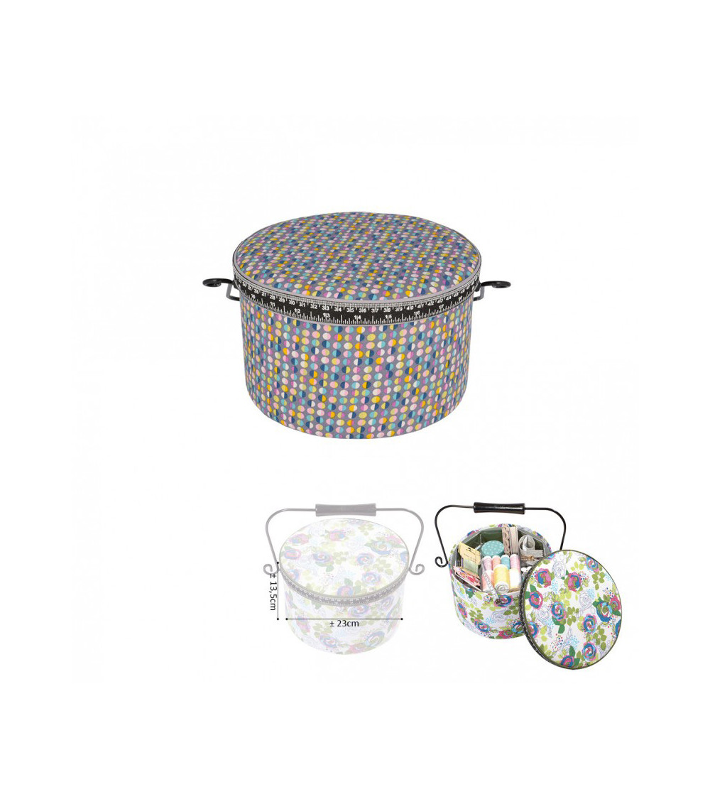 Round sewing box 22x13.5cm multi-colored polka dots gray background