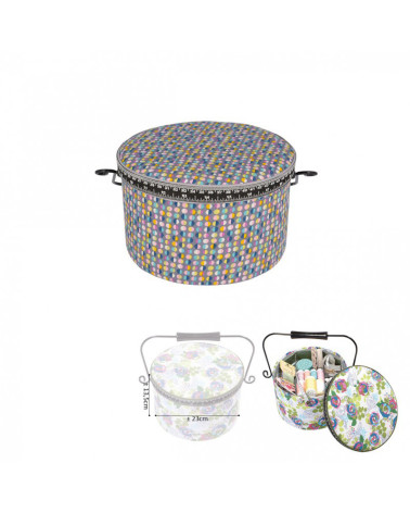 Round sewing box 22x13.5cm multi-colored polka dots gray background