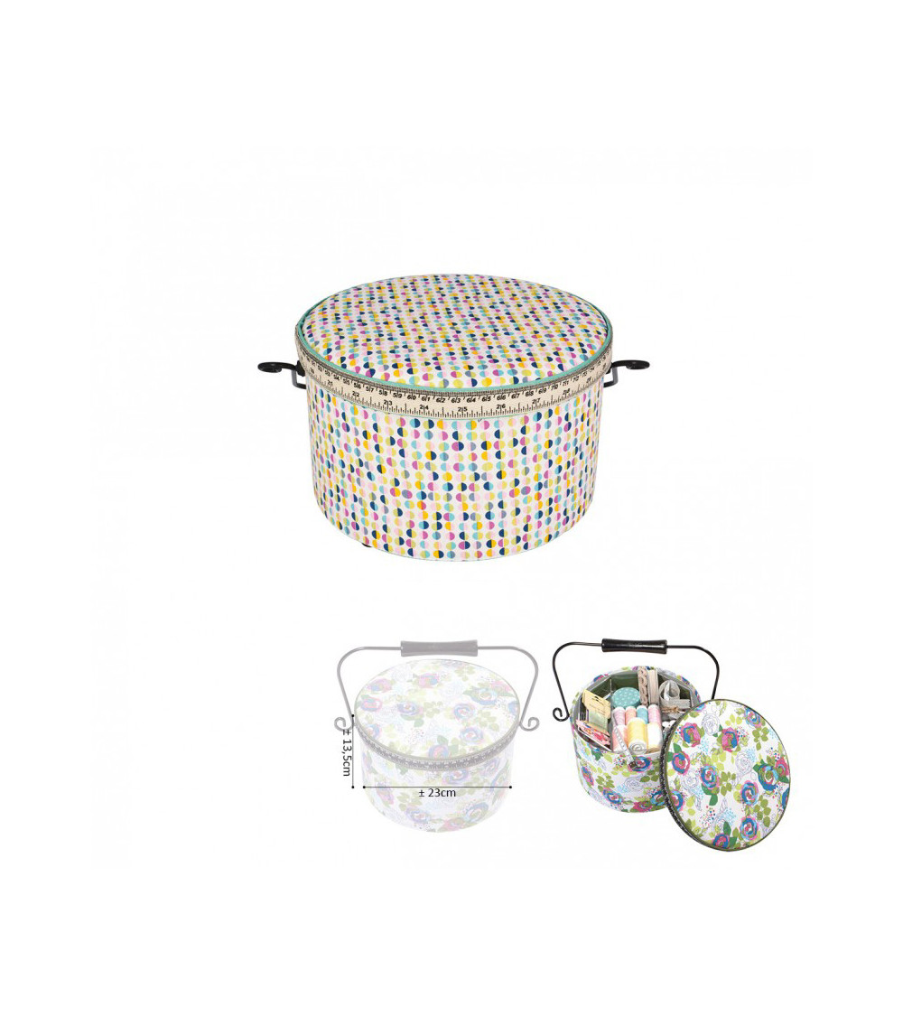 Scatola da cucito rotonda 22x13,5 cm pois multicolori fondo chiaro