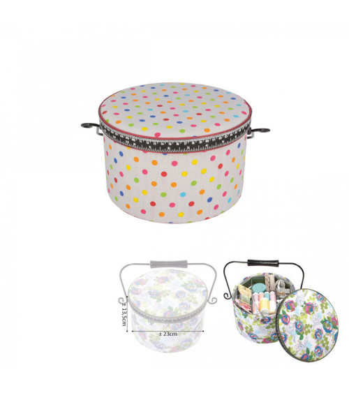 Round sewing box 22x13.5cm multi-colored dots white background