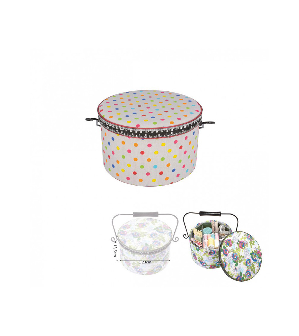 Round sewing box 22x13.5cm multi-colored polka dots white background
