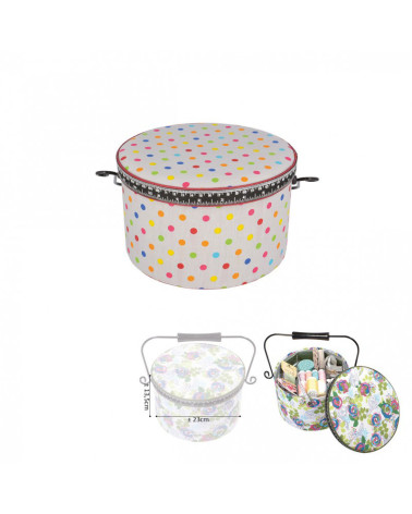 Round sewing box 22x13.5cm multi-colored dots white background