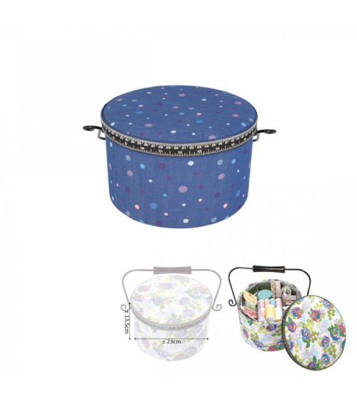 Round sewing box 22x13.5cm multi-colored polka dots jean background