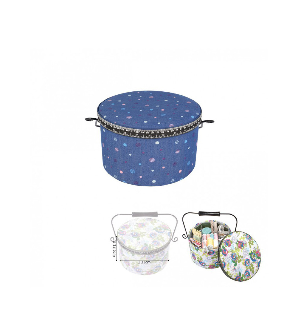 Round sewing box 22x13.5cm multi-colored polka dots denim background
