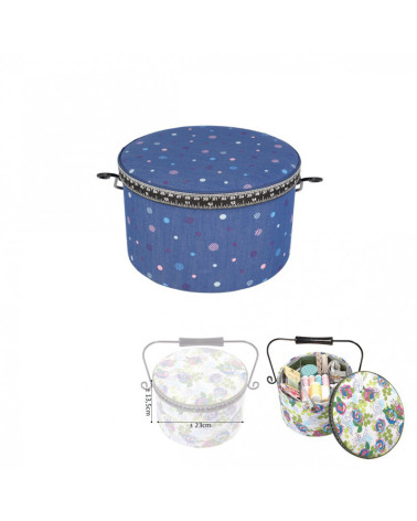 Round sewing box 22x13.5cm multi-colored polka dots denim background