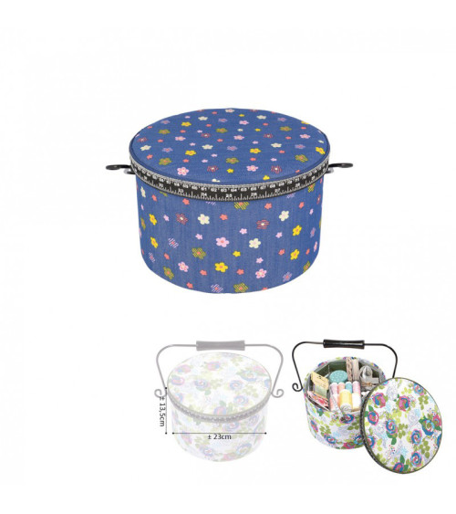 Round sewing box 22x13.5cm multi-colored flowers jean background