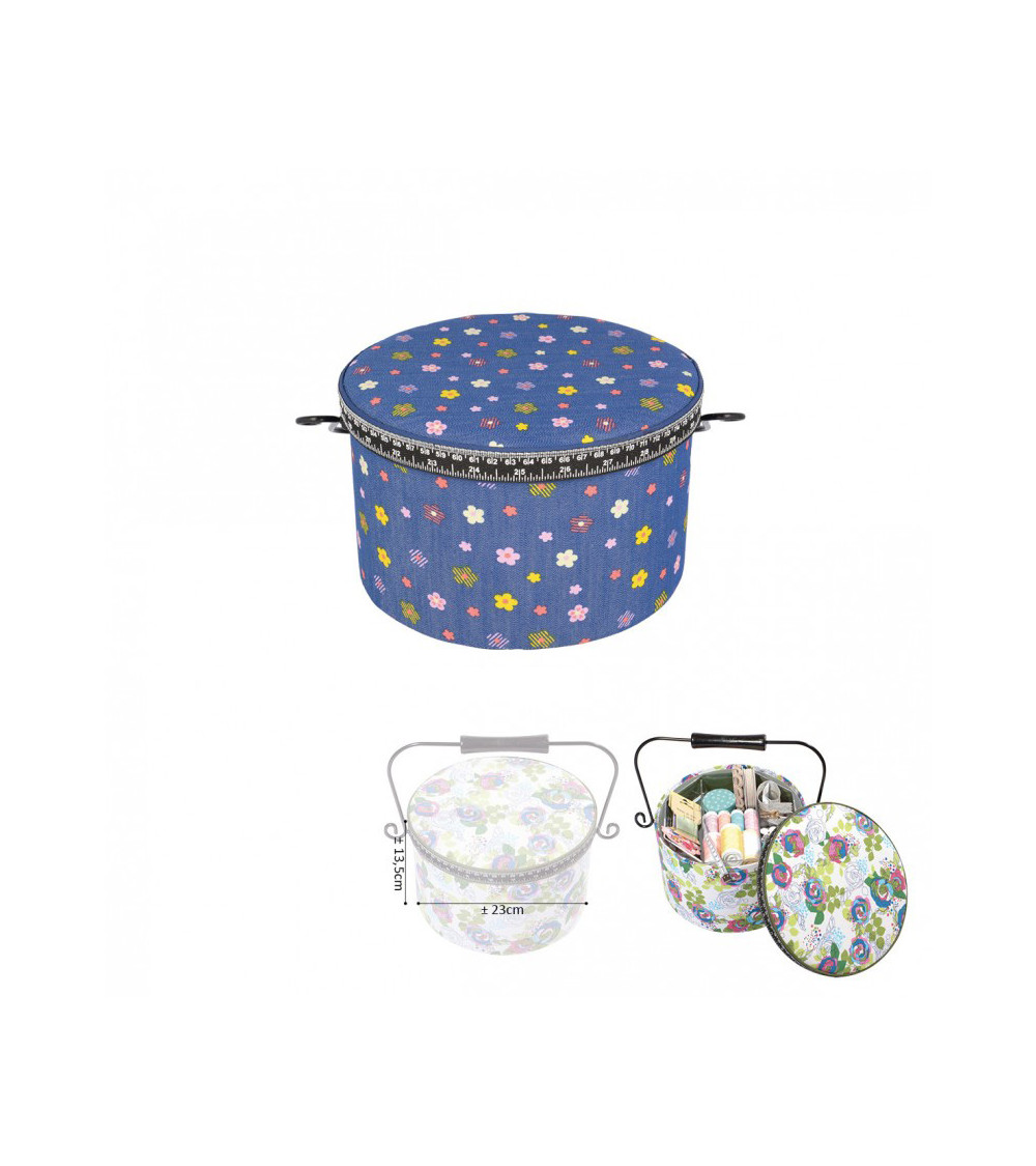 Scatola da cucito rotonda 22x13,5 cm fiori multicolori fondo jeans