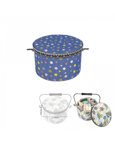 Scatola da cucito rotonda 22x13,5 cm fiori multicolori fondo jeans