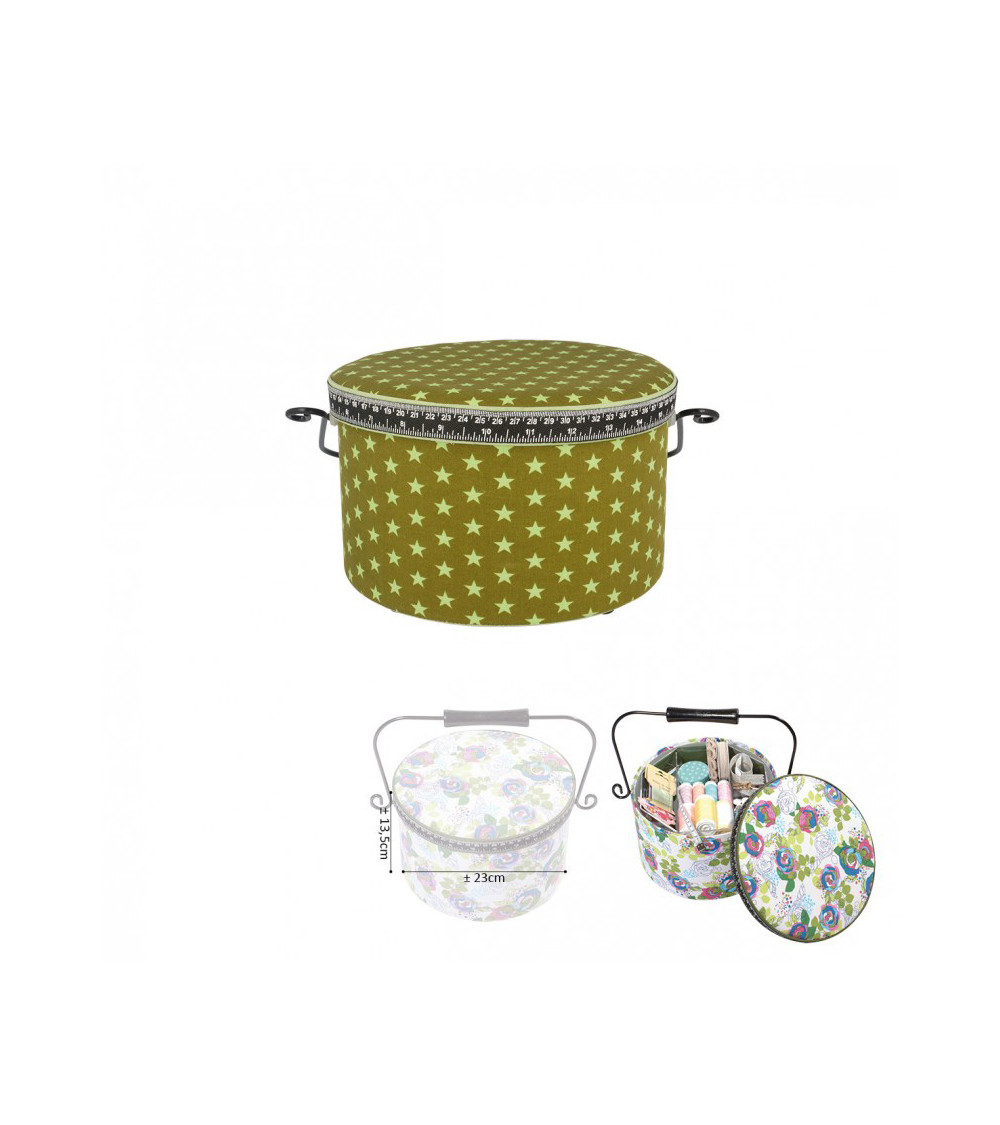 Round sewing box 22x13.5cm green stars
