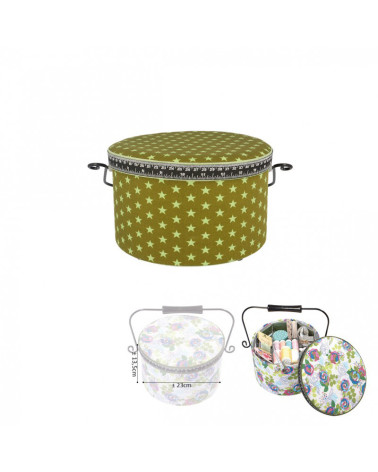 Round sewing box 22x13.5cm green stars