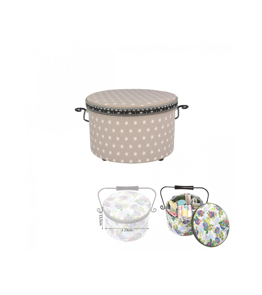Round sewing box 22x13.5cm beige stars