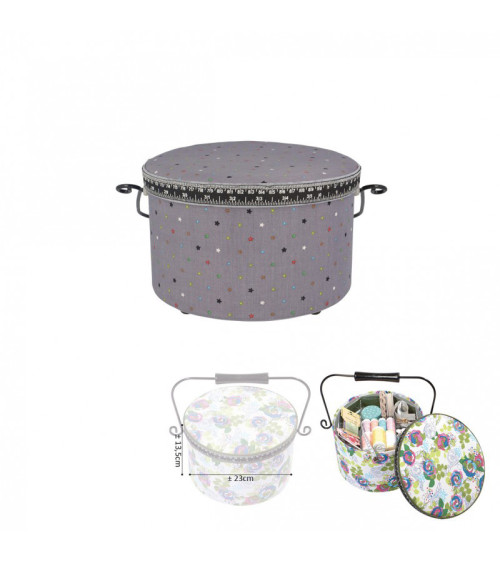 Boîte à couture ronde 22x13,5cm étoiles multicolores fonds gris