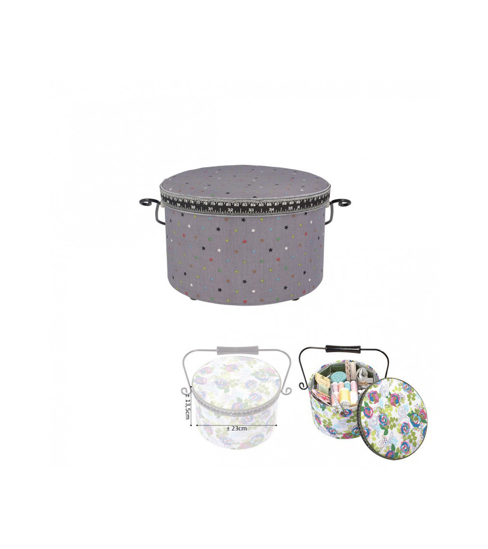 Boîte à couture ronde 22x13,5cm étoiles multicolores fonds gris