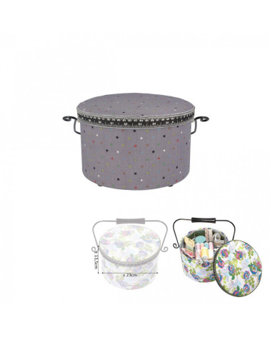 Scatola da cucito rotonda 22x13,5 cm stelle multicolori fondo grigio