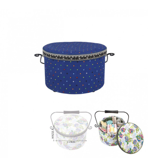 Boîte à couture ronde 22x13,5cm étoiles multicolores sur fonds bleu