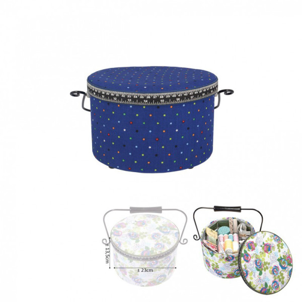 Boîte à couture ronde 22x13,5cm étoiles multicolores sur fonds bleu